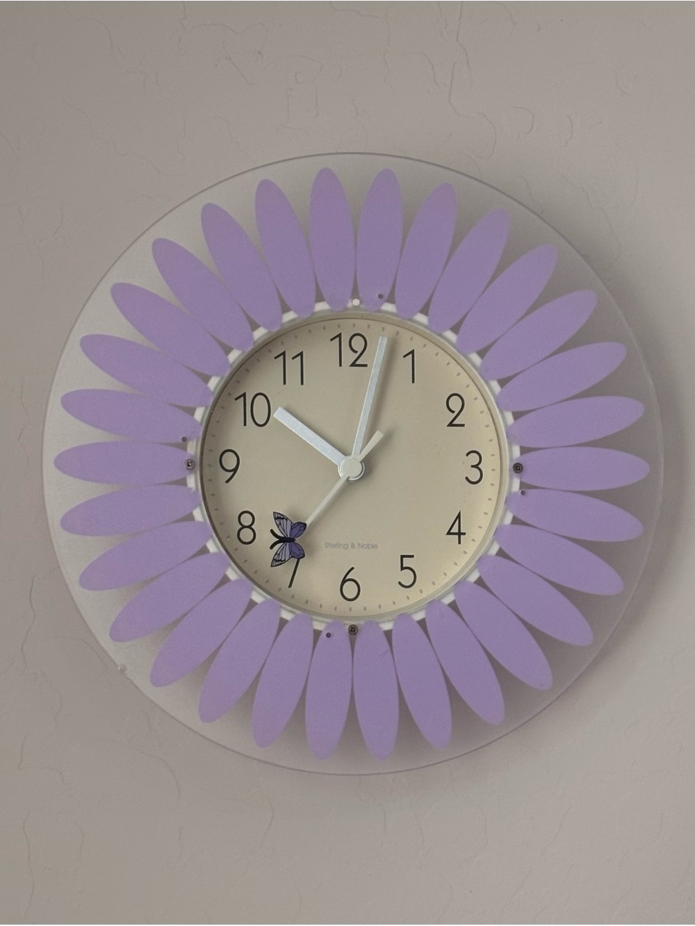 Sterling & Noble Purple Flower Wall Clock Butterfly Hand Arabic Analog WORKS